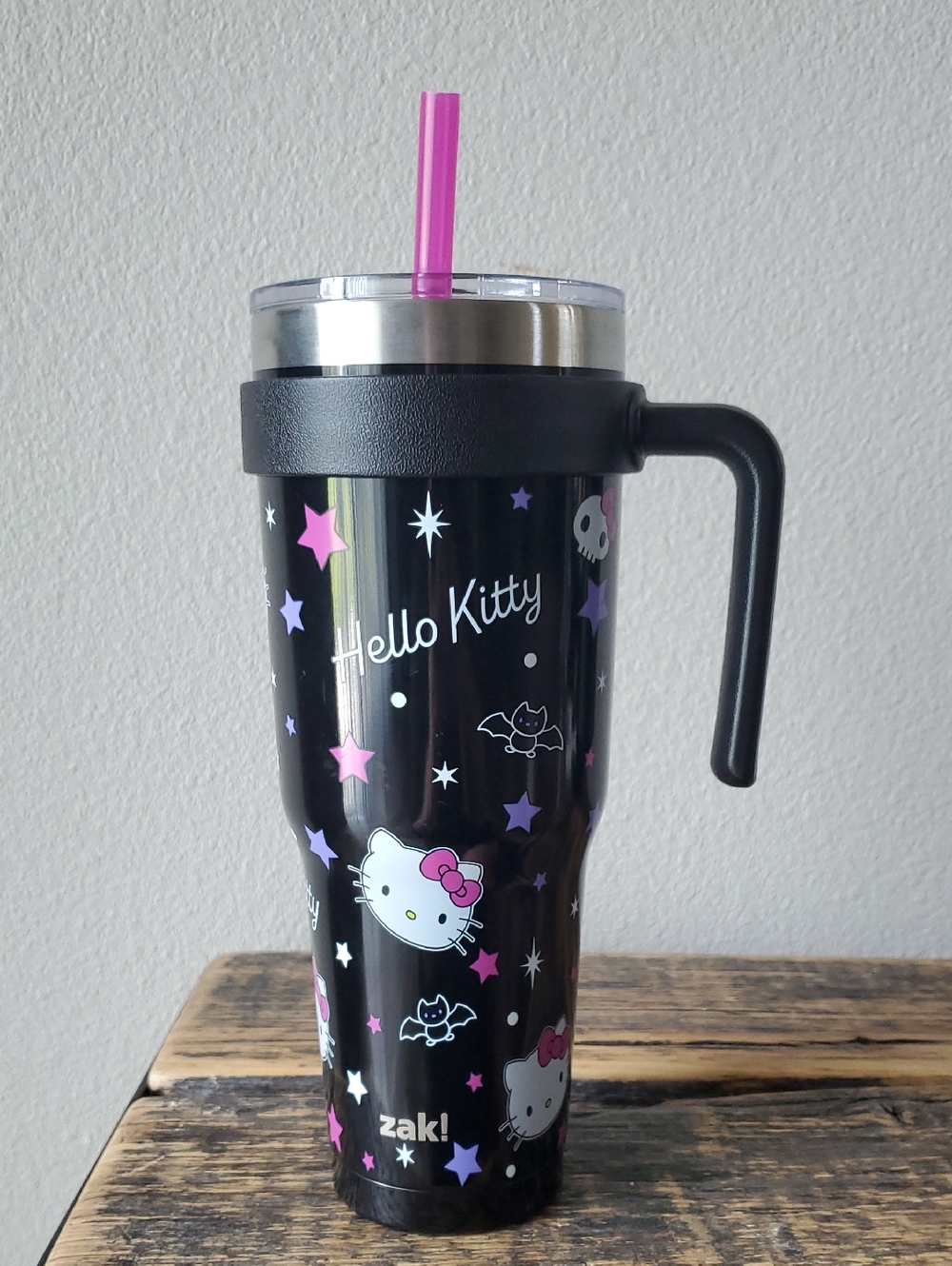 Hello Kitty Black Stainless Travel Mug with Pink Straw
